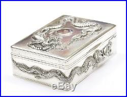 Early 20C Chinese Export Sterling Silver Repousse Dragon Box Marked 304 Gram