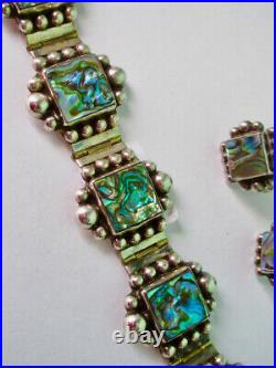 Early Mexican 925 Sterling Silver Abalone Shell Modernist Link Bracelet ca. 1920