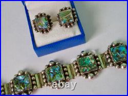 Early Mexican 925 Sterling Silver Abalone Shell Modernist Link Bracelet ca. 1920
