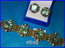 Early Mexican 925 Sterling Silver Abalone Shell Modernist Link Bracelet ca. 1920