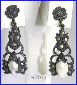 Edwardian Antique Sterling Silver Marcasite Dog Tooth Pearl Dangling Earrings