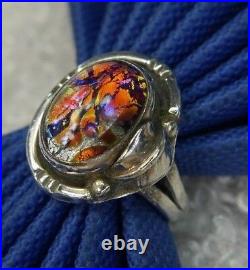 Estate 3/4 Cabochon Foil Art Glass Doublet 0.925 Sterling Silver Ring Size 8.5