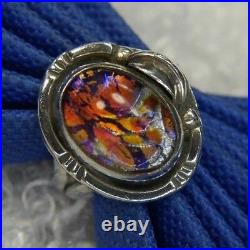 Estate 3/4 Cabochon Foil Art Glass Doublet 0.925 Sterling Silver Ring Size 8.5