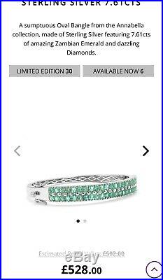 Gems Tv 925 Sterling Silver Bangle, Zambian Emerald 7.59 Ct, Diamonds, H/marked