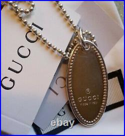 Gucci Authentic Sterling Silver Necklace Oval Ellipse Dog Tag Italy Marked