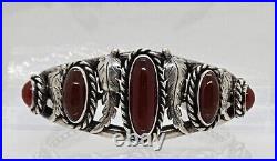 Handmade Vintage Sterling Silver Carnelian Cuff Bracelet Marked Signed 40 Grams