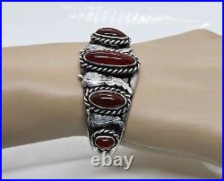 Handmade Vintage Sterling Silver Carnelian Cuff Bracelet Marked Signed 40 Grams