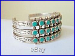 Harvey Era Marked Sterling Silver Zuni 3-Row Turquoise Snake Eye Cuff Bracelet