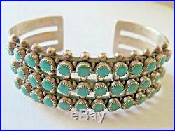 Harvey Era Marked Sterling Silver Zuni 3-Row Turquoise Snake Eye Cuff Bracelet