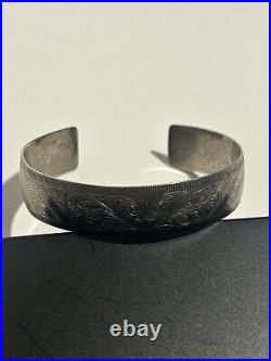 Heavy Solid Sterling Silver Bangle Bracelet Etched Vintage Marked Sterling