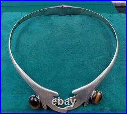 Heavy Sterling Silver Choker Torc Style Tiger's Eye Necklace Marked MEXICO 925