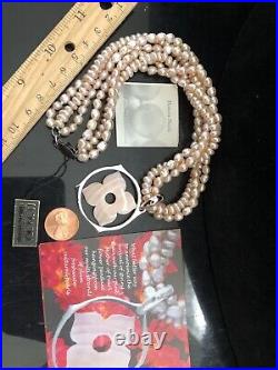 Honora Pearls 3 strand 925 sterling pink Flower MOP Box Tags Fresh Water 16 QVC