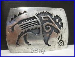 Hopi Buffalo Belt Buckle Sterling Silver Signed Mark Tawahonga Overlay Vintage
