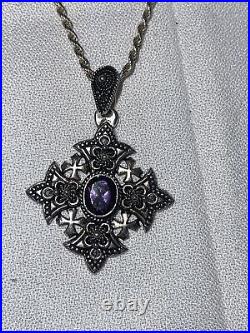 Jerusalem Sterling Silver & Amethyst Stone Cross With Chain/cross Marked 900