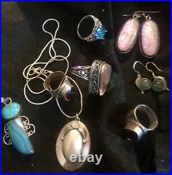 LOT Vintage 77+g Marked. 925 STERLING SILVER JEWELRY SCRAP Or WEAR WithGemstones