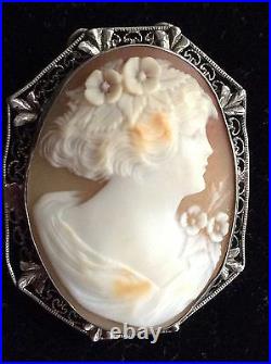 Large Antique Carved Shell Cameo Brooch, 1 1/2 Marked Silver