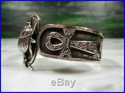 Large Antique Egyptian Sterling Silver Scarab Ankh Cuff Bracelet Vintage Marked