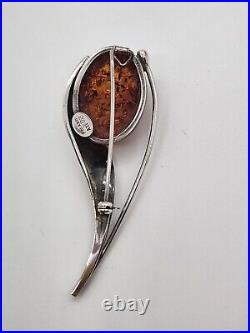 Large Antique Marked Sterling Silver and Amber Flower