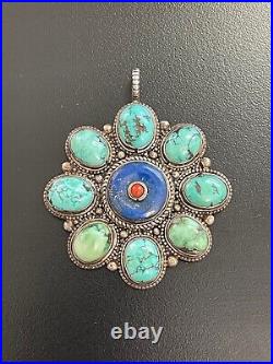 Large Cluster Turquoise Red Coral 925 Marked Sterling Silver Pendant Vintage