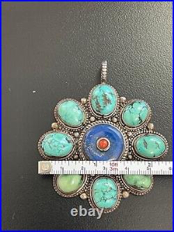Large Cluster Turquoise Red Coral 925 Marked Sterling Silver Pendant Vintage