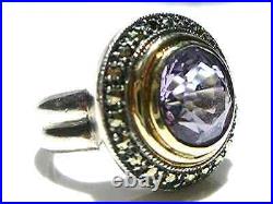 Large Designer Marked Sterling Silver 14k Gold Amethyst & Marcasite Ring 7.25