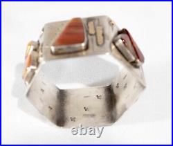 Large Native American Sterling Silver and 14k Gold Bracelet with Agates Marked