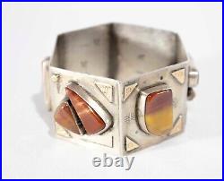 Large Native American Sterling Silver and 14k Gold Bracelet with Agates Marked