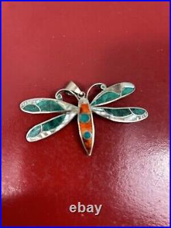 Large Sterling Silver Dragonfly Pendant Beautiful Colorful marked 925