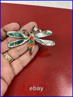 Large Sterling Silver Dragonfly Pendant Beautiful Colorful marked 925