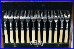 London Antique set of 12 sterling silver A1 ivory fish knives & forks Box-Marked