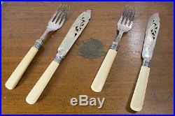 London Antique set of 12 sterling silver A1 ivory fish knives & forks Box-Marked