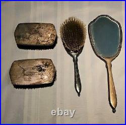 Lot of 4 ANTIQUE STERLING SILVER HAND MIRROR MARKED C W CO & RB Brushes F/ship