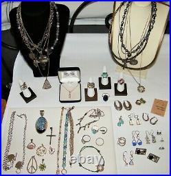 Marked 50Pc 925 STERLING SILVER (One w 14K Gold) JEWELRY LOT OpalTurquoise 470g