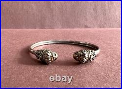 Marked 925 Sterling Silver Narrow Cuff Bracelet withOrnate Lion Head at Each End