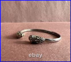 Marked 925 Sterling Silver Narrow Cuff Bracelet withOrnate Lion Head at Each End