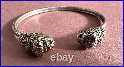 Marked 925 Sterling Silver Narrow Cuff Bracelet withOrnate Lion Head at Each End