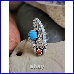 Marked Sterling Silver Feather Ring With Turquoise & Coral Stones 8 1/4