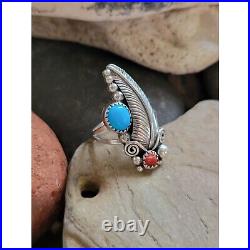 Marked Sterling Silver Feather Ring With Turquoise & Coral Stones 8 1/4