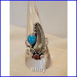 Marked Sterling Silver Feather Ring With Turquoise & Coral Stones 8 1/4