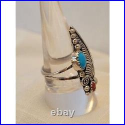 Marked Sterling Silver Feather Ring With Turquoise & Coral Stones 8 1/4