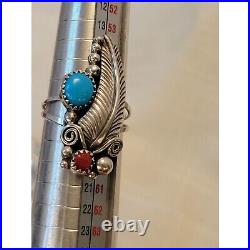 Marked Sterling Silver Feather Ring With Turquoise & Coral Stones 8 1/4