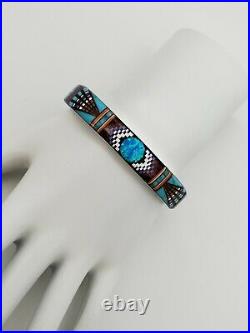 Marked Sy Southwestern Style Inlaid Stone Art Cuff Bracelet Sterling Silver 925