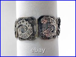 Mexico Shadowbox Aztec Glyph 925 Sterling Silver Panel Cuff Bracelet JE mark