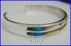 NAVAJO Sterling Silver Turquoise MOP CUFF BRACELET 2 ROWS PICTORIAL MAKER'S MARK