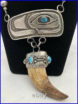Native American Navajo Bear Claw Eagle Sterling Silver Turquoise Marked Necklace