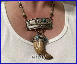 Native American Navajo Bear Claw Eagle Sterling Silver Turquoise Marked Necklace