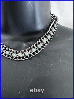 Native American Zuni Sterling Silver Turquoise Choker Marked 925 Signed 51 Grams