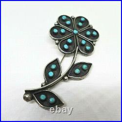 Native American Zuni Turquoise Petit Point Flower 925 Silver Brooch Traders Mark