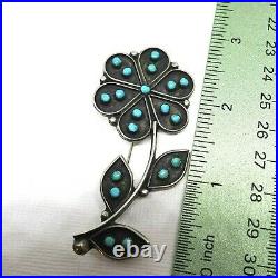 Native American Zuni Turquoise Petit Point Flower 925 Silver Brooch Traders Mark