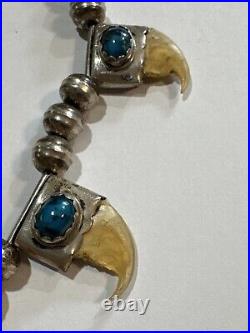 Navajo Sterling Silver Turquoise Bob Cat Claw Necklace Marked SM 86 52 Grams